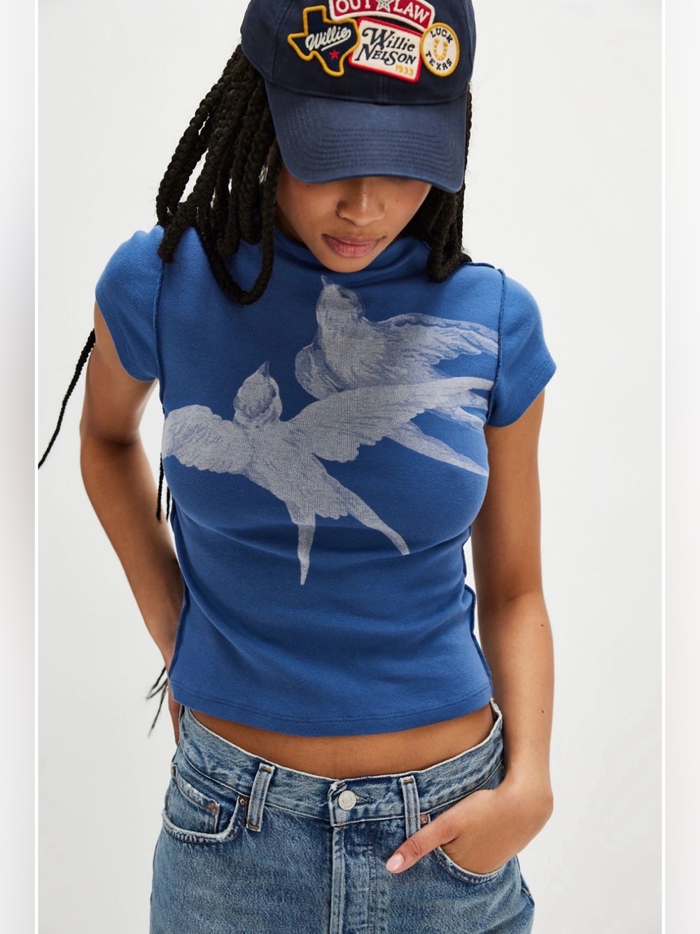 Free People 🕊️ Ragabond Studio $68 Birds In Flight Tee 💙 Marine Navy Blue 💙 XS